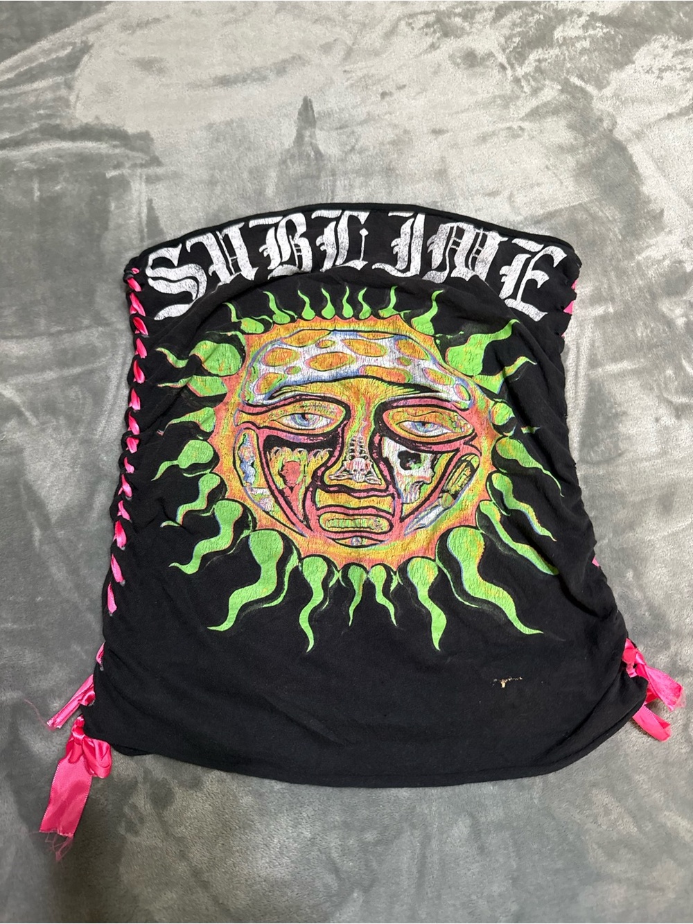 Sublime Sun Face Handmade Tube Top Shirt With Pink Ribbon Lacing Sides Custom